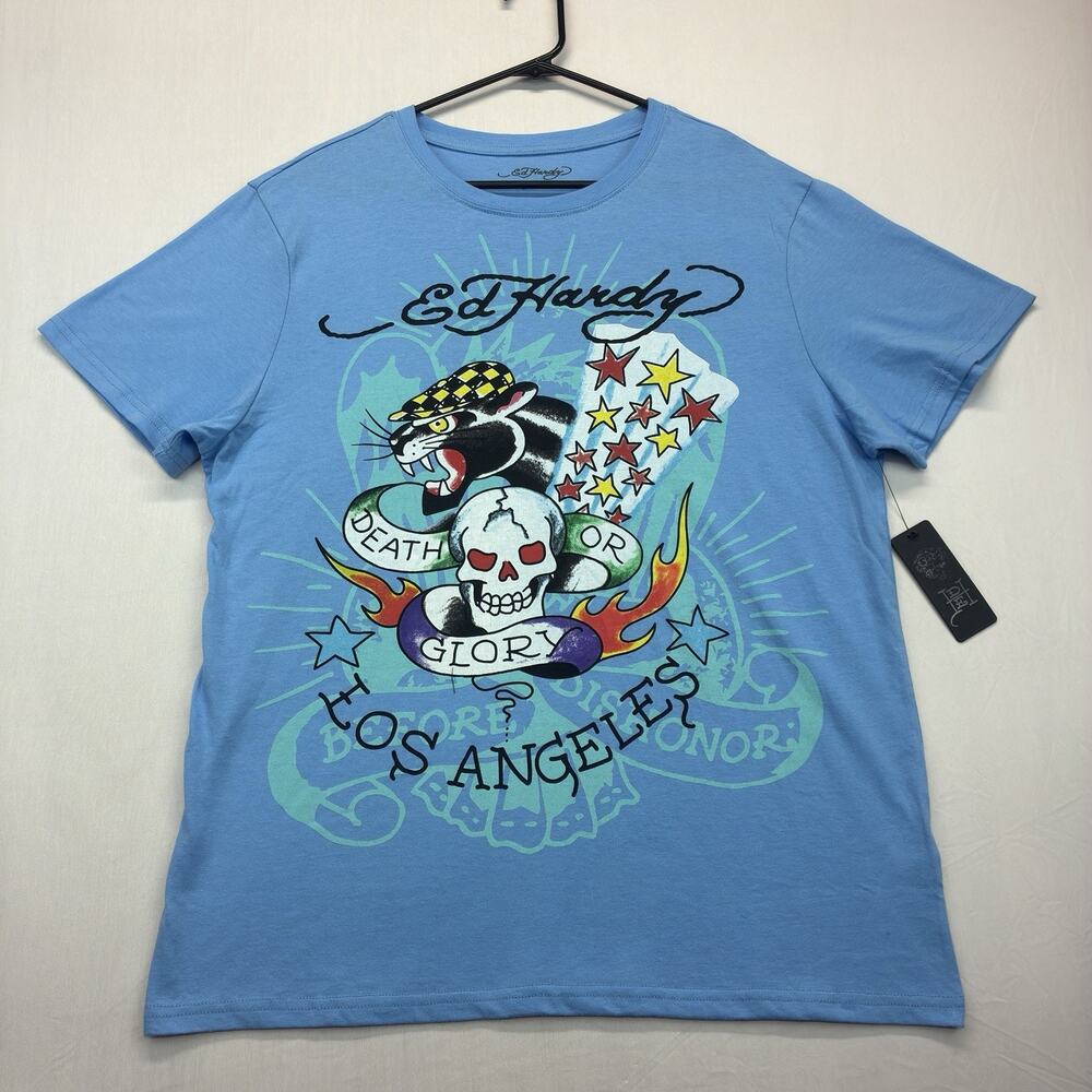 Ed Hardy Men’s Graphic T Shirt Large Blue Death Or Glory Tattoo NWT